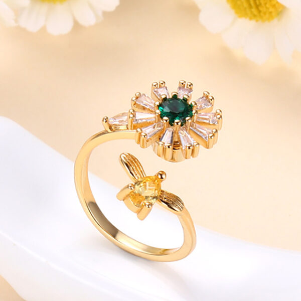 Colorful Crystal Rotating Sunflower Rings for Women Top Quality Square Cubic Zirconia Adjustable Ring Fashion