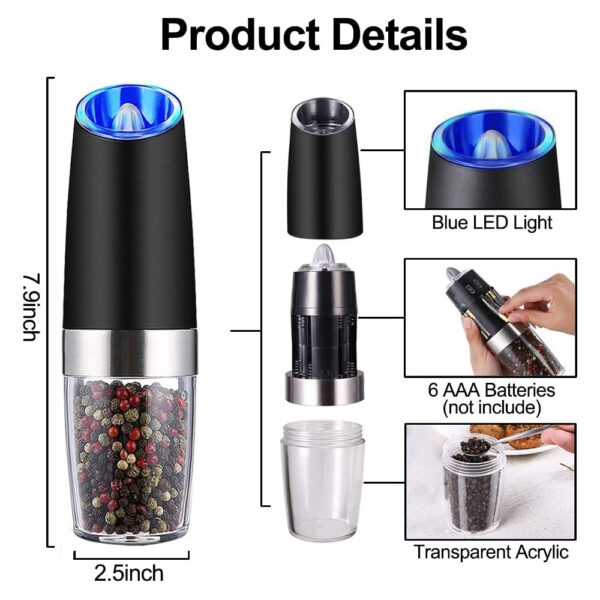 MLIA Set Electric Pepper Mill Stainless Steel Automatic Gravity Induction Salt and Pepper Grinder Kitchen Spice 2