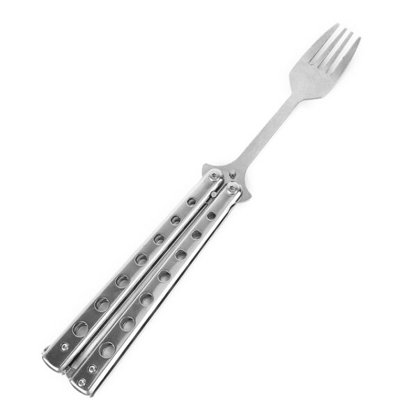 Ukugoqa Insimbi Umqeqeshi we-Balisong Spoon Fork Butterfly Knife Umdlalo Wokuzijwayeza Ukuphepha Umqeqeshi Izesekeli ze-Outdoor Camping Tableware 1.jpg 640x640 1