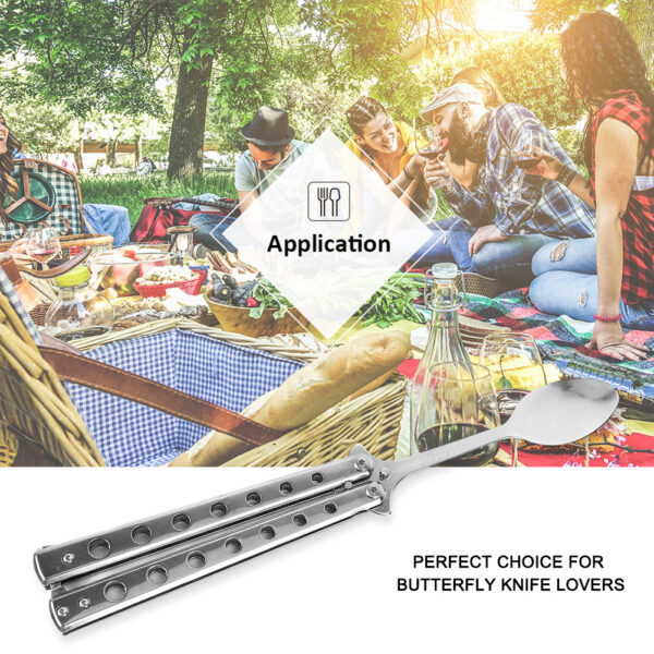 Metal Folding Balisong Trainer Spoon Fork Butterfly Knife Game Safety Practice Trainer Outdoor Camping Tableware Accessories 2