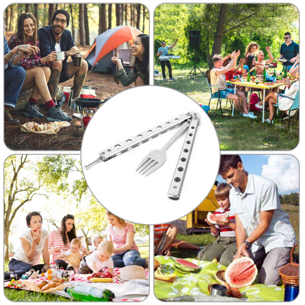 Metal Folding Balisong Trainer Spoon Fork Butterfly Knife Game Safety Practice Trainer Outdoor Camping Tableware Accessories 3