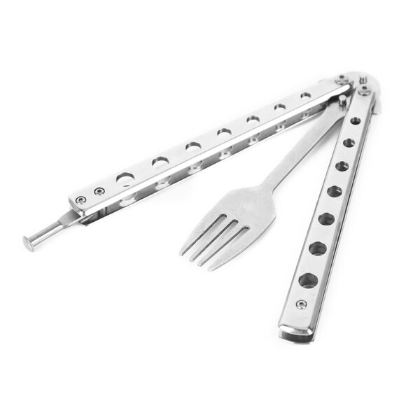 Metal Folding Balisong Trainer Spoon Fork Butterfly Knife بازی آموزش تمرین ایمنی در فضای باز ظروف کمپینگ لوازم جانبی 5