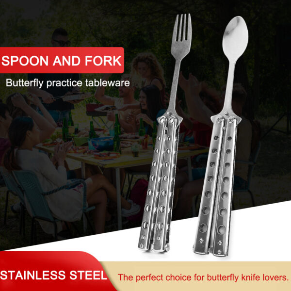 I-Metal Folding Balisong Trainer Spoon Fork Butterfly Knife Igeyimu Yokuzilolonga Ukuphepha Umqeqeshi Izesekeli Ze-Outdoor Camping Tableware