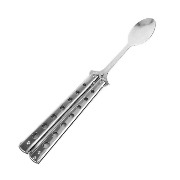 I-Metal Folding Balisong Trainer Spoon Fork Butterfly Knife Game Umqeqeshi Wokuzilolonga Ukuphepha Umqeqeshi Wangaphandle We-Camping Tableware