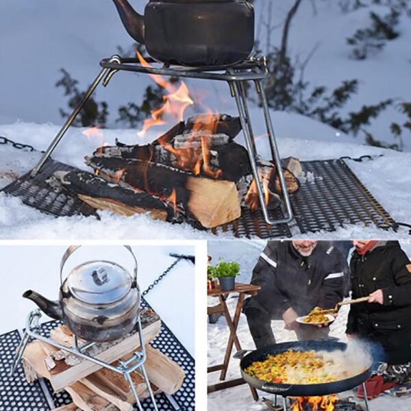 I-Rack Yokupheka Yangaphandle Egoqekayo I-Campfire Cooking Stand Stainless Stee L Izesekeli ze-Open Fire Camping Tripod Grill 3