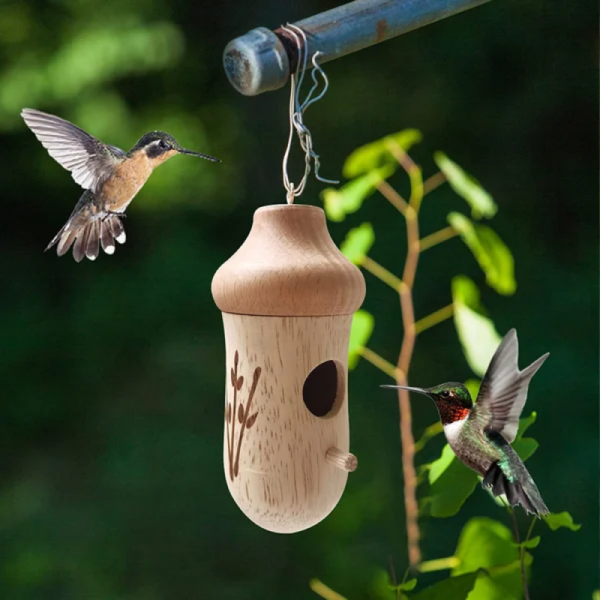 Buatan Tangan Luar Kayu Hummingbird Rumah Gantung Ayunan Hummingbird untuk Wren Swallow Sparrow Rumah Hadiah untuk Alam 1