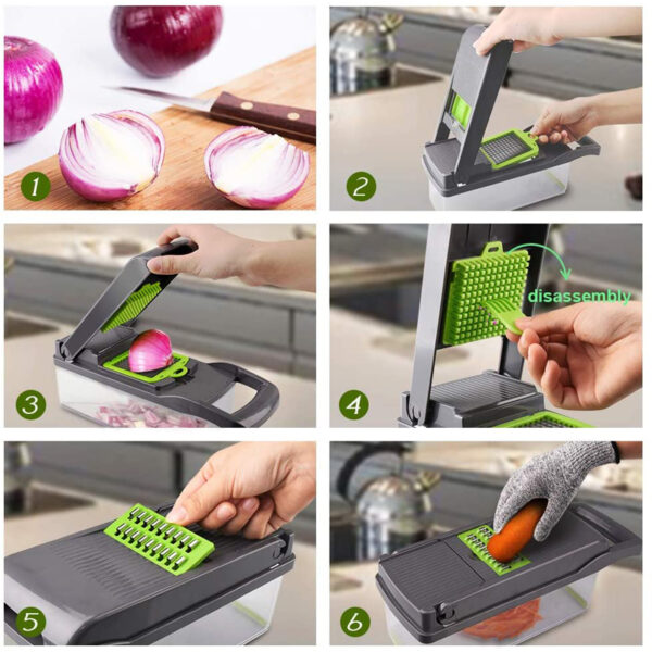 LMETJMA 11 in 1 Vegetable Chopper Fruit Slicer Mandoline Slicer Cutter with Drain Basket Potato Onion 4
