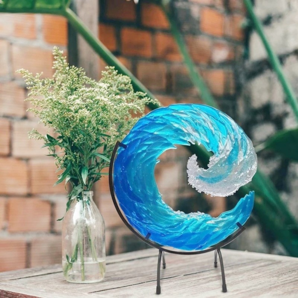 Ocean Wave Fused Glass Sculpture Creative Gradient Blue Ornament Decoration Shape Resin Art Crafts Home Decor 3