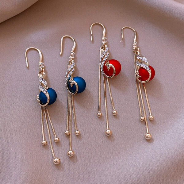 S925 Japan and South Korea new analog blue peacock pearl tassel female earrings 2021 Spring Festival 3
