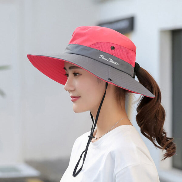 1PCS Womens Wide Brim Sun Awọn fila Foldable UV Idaabobo Okun garawa fila Ponytail Mesh Fishing Hat 1.jpg 640x640 1