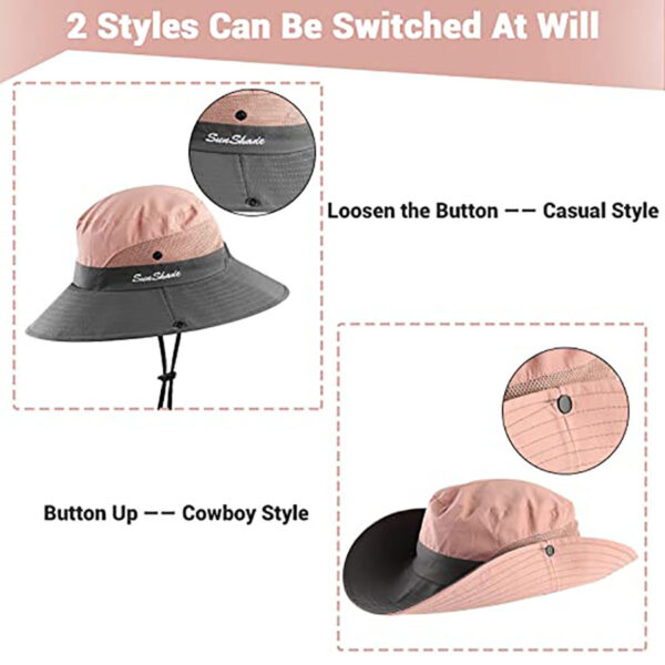 1PCS Womens Wide Brim Sun Hats Foldable UV Protection Beach Bucket Hats Ponytail Mesh Fishing Hat 2