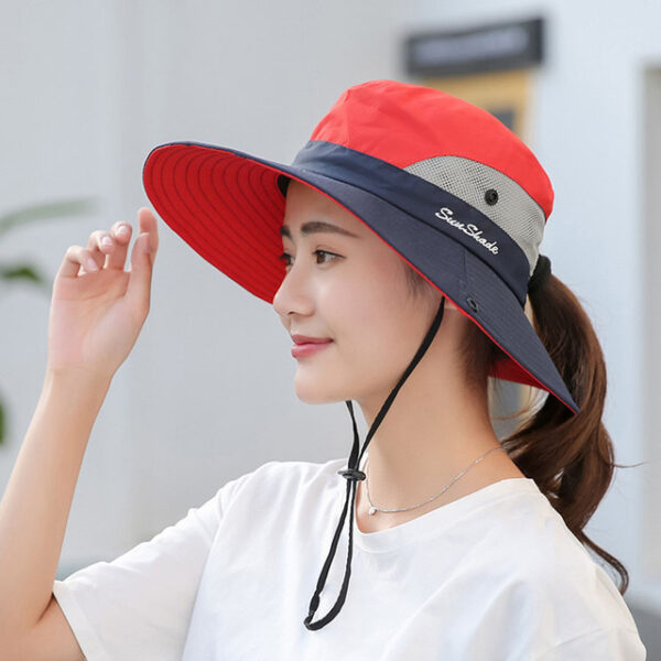 1PCS Womens Wide Brim Sun Awọn fila Foldable UV Idaabobo Okun garawa fila Ponytail Mesh Fishing Hat 2.jpg 640x640 2