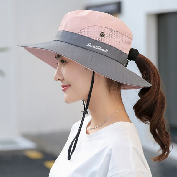 1PCS Womens Wide Brim Sun Awọn fila Foldable UV Idaabobo Okun garawa fila Ponytail Mesh Fishing Hat 3.jpg 640x640 3