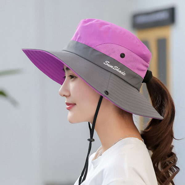 1PCS Womens Wide Brim Sun Awọn fila Foldable UV Idaabobo Okun garawa fila Ponytail Mesh Fishing Hat 4.jpg 640x640 4