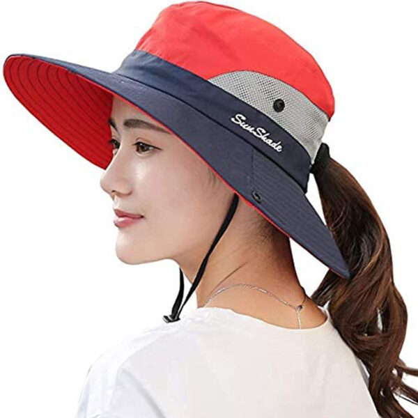 1PCS Damen Breet Brim Sonnehüttel Klappbar UV Schutz Strand Eemer Hüts Ponytail Mesh Fëscherhut