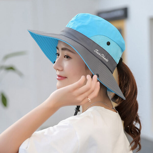 1PCS Womens Wide Brim Sun Hats Foldable UV Protection Beach Bucket Hats Ponytail Mesh Fishing