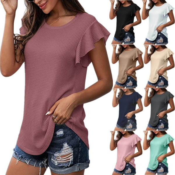 Summer New 2022 European and American Women s T shirt Tops Solid Color Waffle Loose Round 4