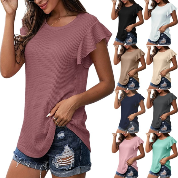 Sajf Ġdid 2022 T shirt tan-Nisa Ewropej u Amerikani Tops Solid Color Waffle Loose Round 4