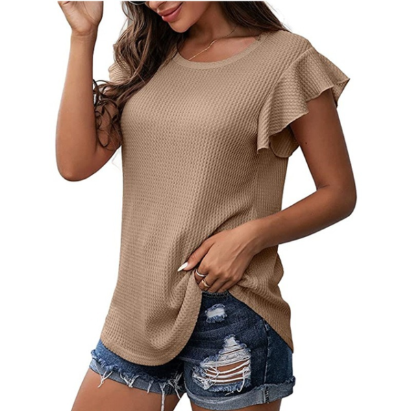 Summer New 2022 European and American Women s T shirt Tops Solid Color Waffle Loose Round.jpg 640x640 5