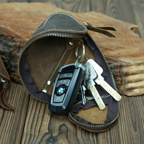 Unisex Creative Retro Crazy Horse Real Leather Key Bag Zipper Key Card Bag Door Car With 3