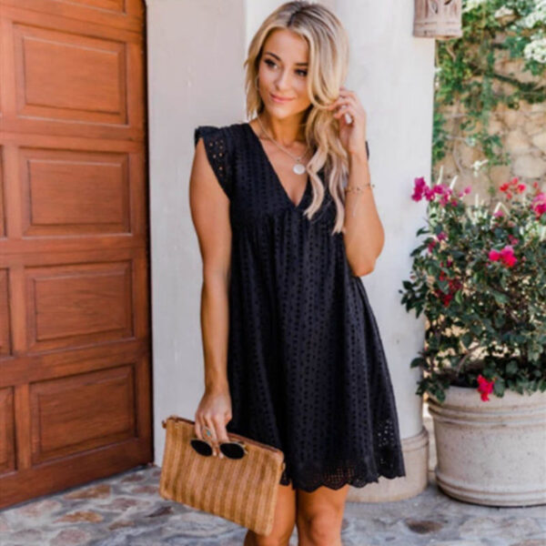 V neck Summer Short Sleeve Lace Dress Hollow Casual Dress Women Party Dresses Ladies 2022