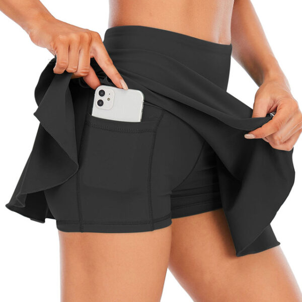 Women Sports Skort mei ynboude koarte broekzakken Effen kleur Hege taille plissé rok yn