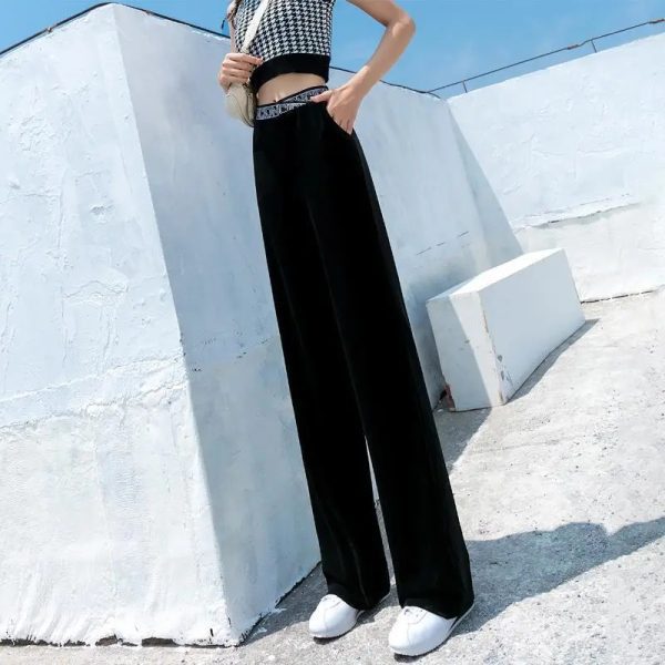 Ice Silk Wide leg Pants Womens High Waist Drooping Letter Elastic Waist 2022 Spring Summer Thin 3