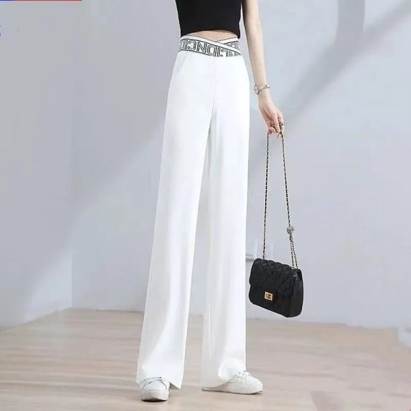 Ice Silk Wide leg Pants Womens High Waist Drooping Letter Elastic Waist 2022 Spring Summer Thin 4