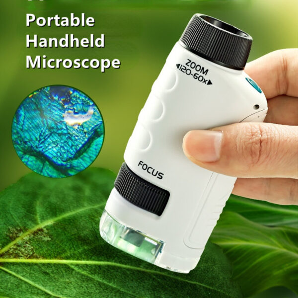 Kids Science Microscope Toy Kit 60 120x Educational Mini Pocket Handheld Microscope nrog LED Teeb Sab nraum zoov