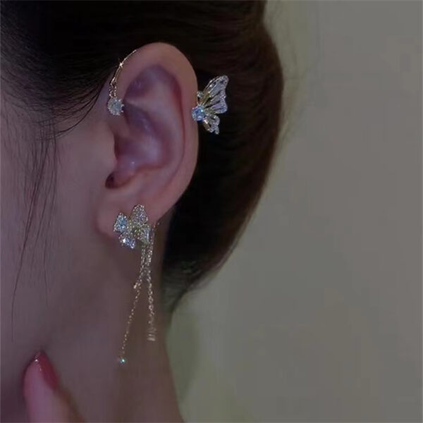 Pendientes coreanos de circón brillante con flor de mariposa y mariposa sin Piercing, pendientes de Clip con borla para mujer, oreja sencilla 1