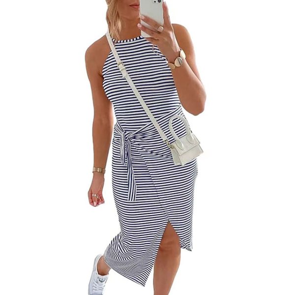 Striped Sleeveless Long Dress Women Sexy Casual Fashion Split Summer Beach Holiday Lace Up Belt Vestidos 1.jpg 640x640 1