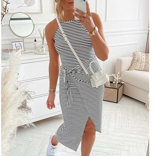 Striped Sleeveless Long Dress Women Sexy Casual Fashion Split Summer Beach Holiday Lace Up Belt