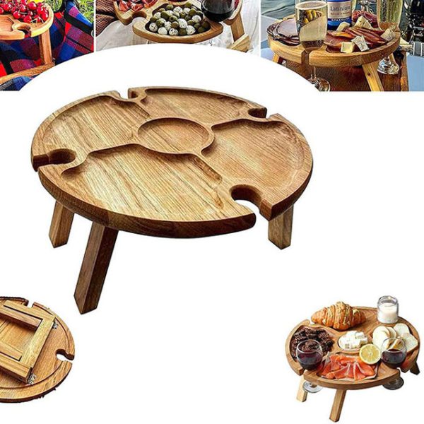 Wooden Outdoor Folding Picnic Table with Glass Holder Round Foldable Desk Wine Glass Rack Collapsible