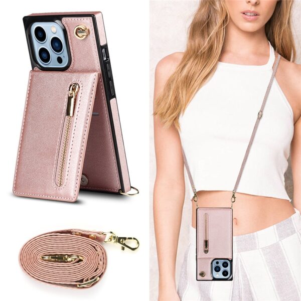 Suporte para cartão de bolso com zíper crossbody quadrado Caso para iPhone 14 11 12 13 Pro Max 6