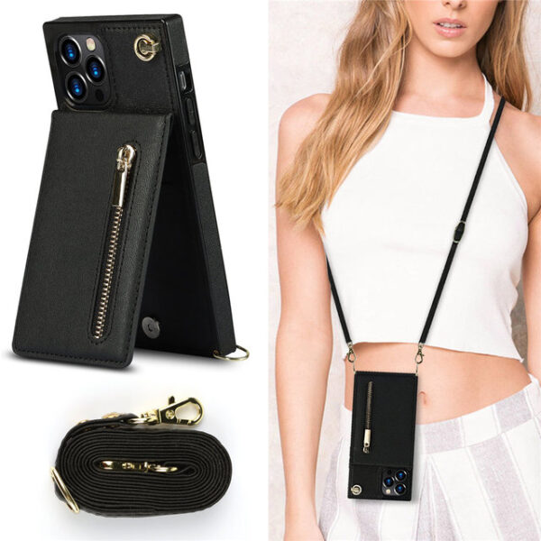 Crossbody Zipper ჯიბის ბარათის დამჭერი კვადრატული ქეისი iPhone 14 11 12 13 Pro Max-ისთვის