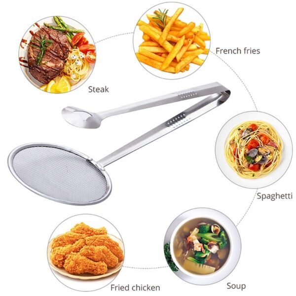 Stainless Steel Multi functional Filter Spoon With Food Clip Kitchen Oil Frying Salad BBQ Filter Strainer 3