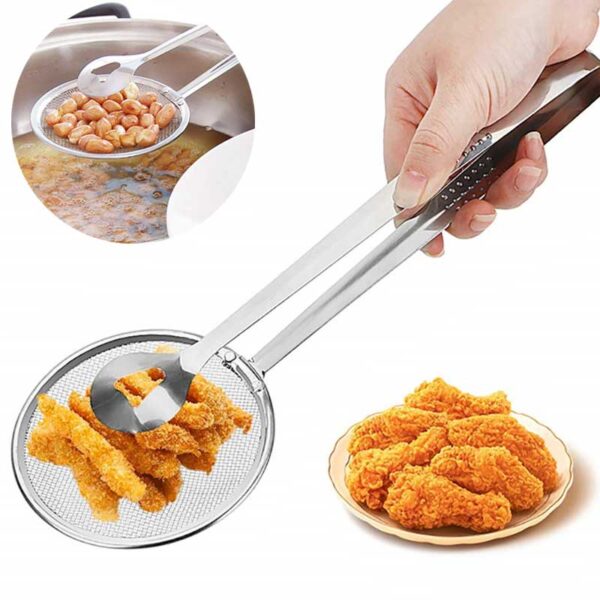 Stainless Steel Multi functional Filter Spoon With Food Clip Kitchen Oil Frying Salad BBQ Filter Strainer