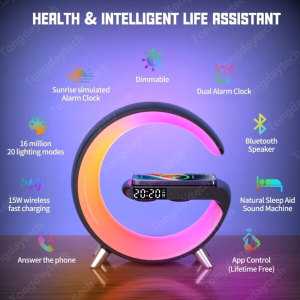 15W Alarm Clock Wireless Charger Station Speaker APP Control RGB Atmosphere Lamp Night Light for Iphone 5