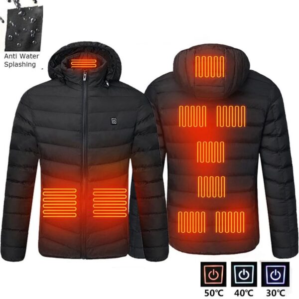 2021 NWE Men Winter Warm USB Heating Jackets Smart Thermostat Pure Color Hooded Heated Clothing Waterproof 3