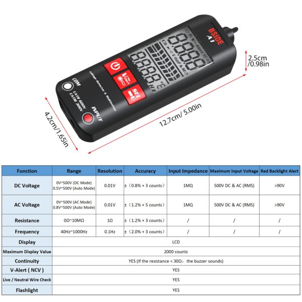 BSIDE A1 Mini Multimeter LCD Digital Tester Voltage Detector 2000 Counts DC AC Voltage Frequency Resistance 3