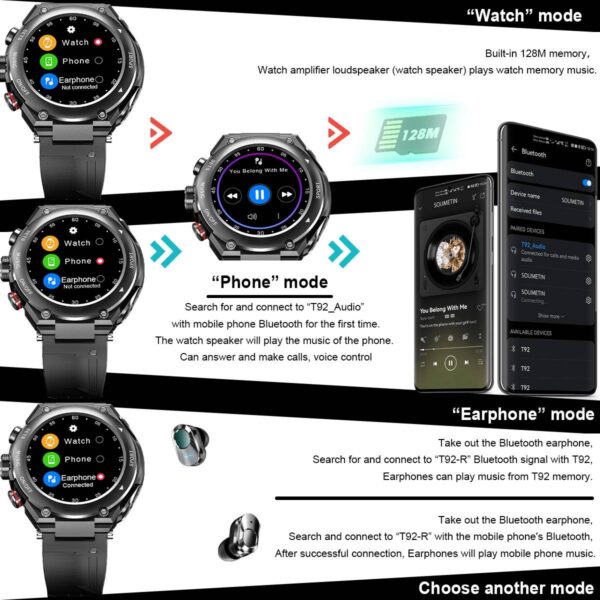 T92 Smart Watch with Earbuds Bluetooth Headset Smartwatch with Speaker Tracker Music Heart Rate Monitor Sports 3