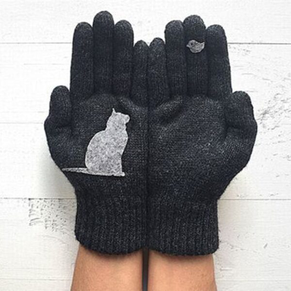 Зимние перчатки для мужчин, женщин, подростков. Симпатичные термовязаные перчатки с принтом кошек и птиц. Ветрозащитные зимние 1.jpg 640x640 1