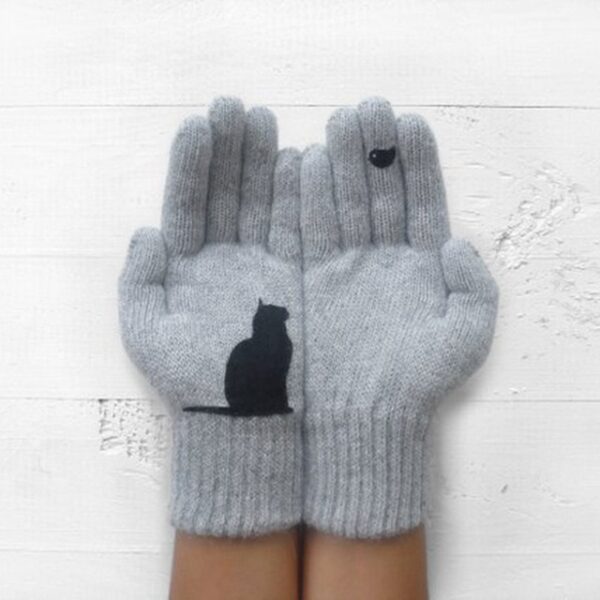 Зимние перчатки для мужчин, женщин, подростков. Симпатичные термовязаные перчатки с принтом кошек и птиц. Ветрозащитные зимние 3.jpg 640x640 3