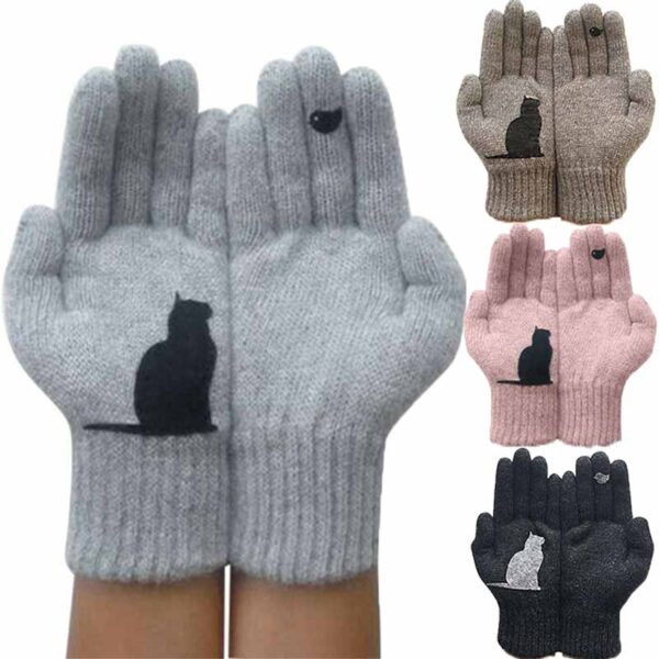 Rękawiczki zimowe dla mężczyzn, kobiet, nastolatków, uroczy kot i nadrukowany ptak, termiczna dzianinowa rękawiczka, wiatroodporna zima
