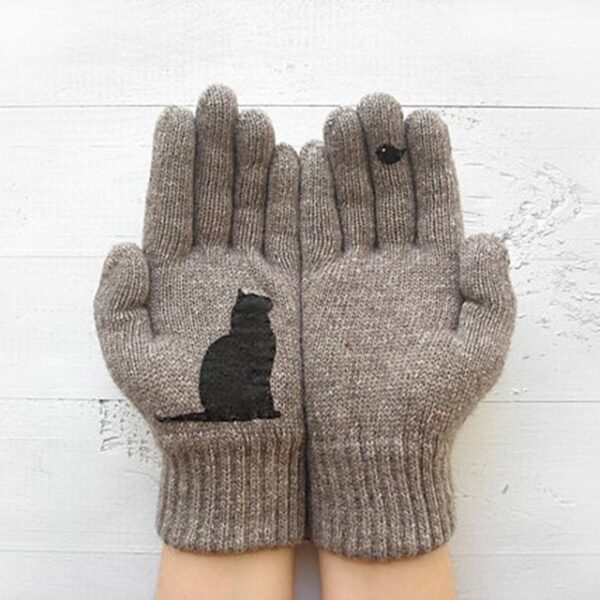 Зимние перчатки для мужчин, женщин, подростков, милые термовязаные перчатки с принтом кошек и птиц, ветрозащитные
