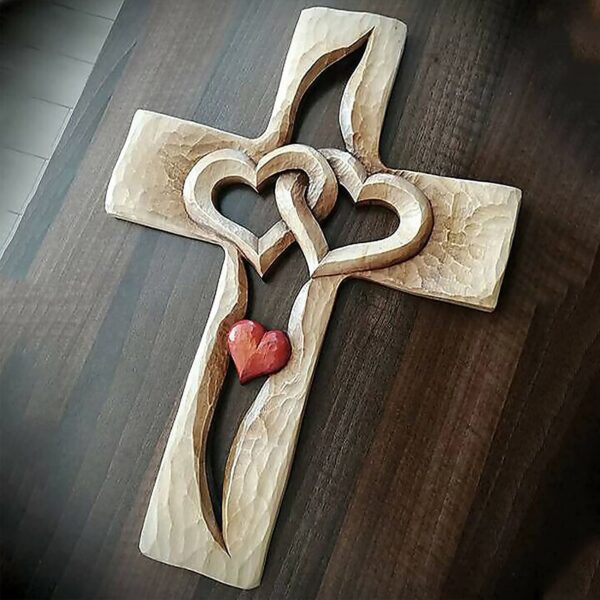 Cross Intertwined Hearts Pendant Wooden Hanging Sculpture Hand Carved Ornaments Decorative Wall Mounted Works