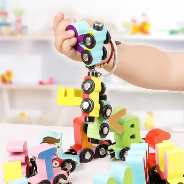 Magnetic Number Train Set Wooden Digital Letters Cars Building Dinosaur Vehicles Baby Cognitive Fine Motor Skills 3