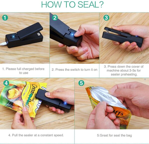 Mini Bag Sealer 2 in 1 Rechargeable Portable Bag Vacuum Heat Sealer Cutter for Plastic Snack 2