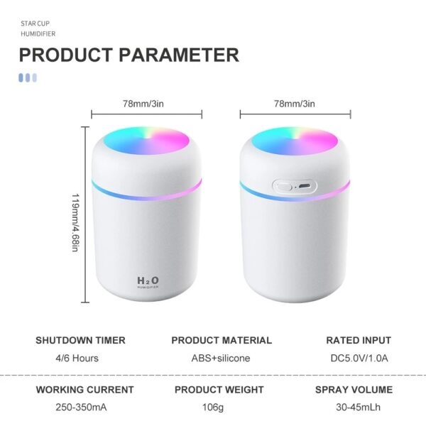 Humidificateur d'air électrique Portable de 300ml, diffuseur d'huile aromatique, pulvérisateur à brume fraîche USB avec nuit colorée 4