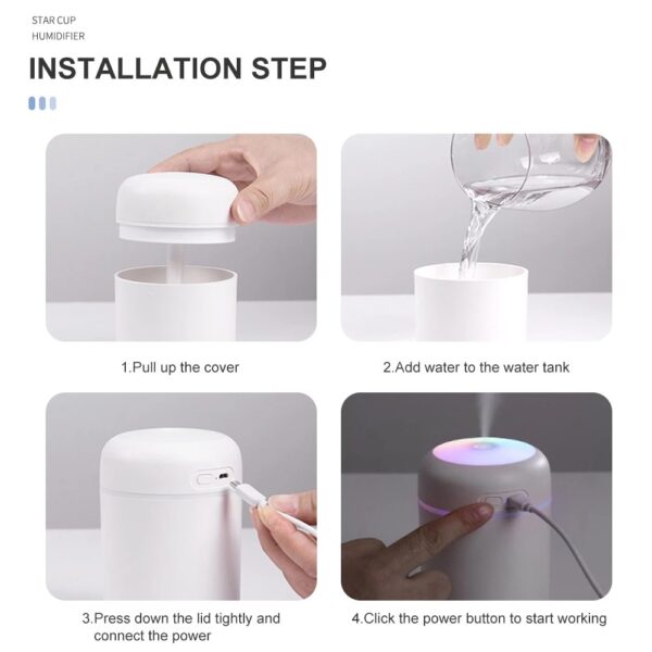 เครื่องทำความชื้นแบบพกพา 300ml เครื่องเพิ่มความชื้นในอากาศไฟฟ้า AROMA Oil Diffuser USB Cool Mist Sprayer พร้อมสีสัน Night 5